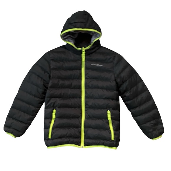EDDIE BAUER Boy's Black Green Reversible Down Hooded Puffer Coat Size Small 7/8 - Picture 1 of 15